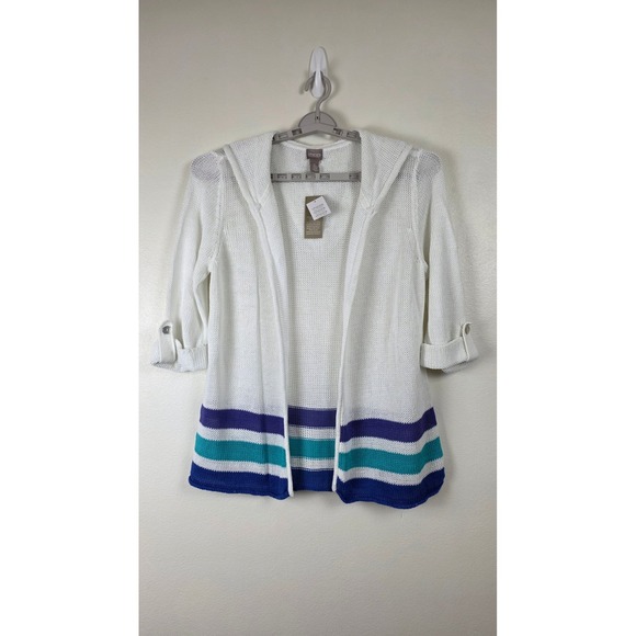 Chico's Sweaters - Chicos Cardigan Sweater Womens 2 White Linen Blend Hooded Open Front Striped NWT